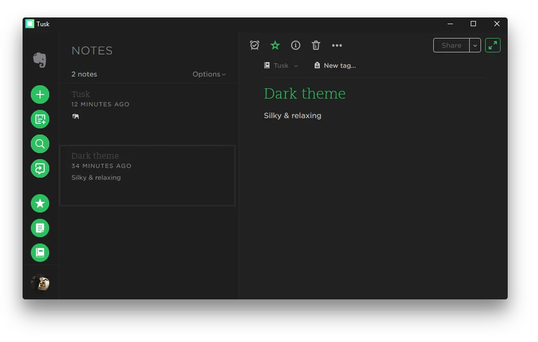 Evernote 非官方开源桌面客户端，支持黑色/深色/棕褐色主题、专注模式、自定义快捷键、笔记导出为 PDF/HTML/Markdown、印象笔记兼容，跨平台笔记管理工具 | Tusk | v0.23.0 | ★3.2k