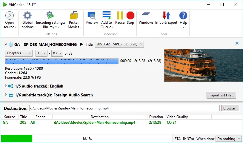 Windows 平台开源音视频转码压制工具，支持 DVD、蓝光与视频文件转码，内置编码预设与队列批处理 | VidCoder | v12.23 | ★864